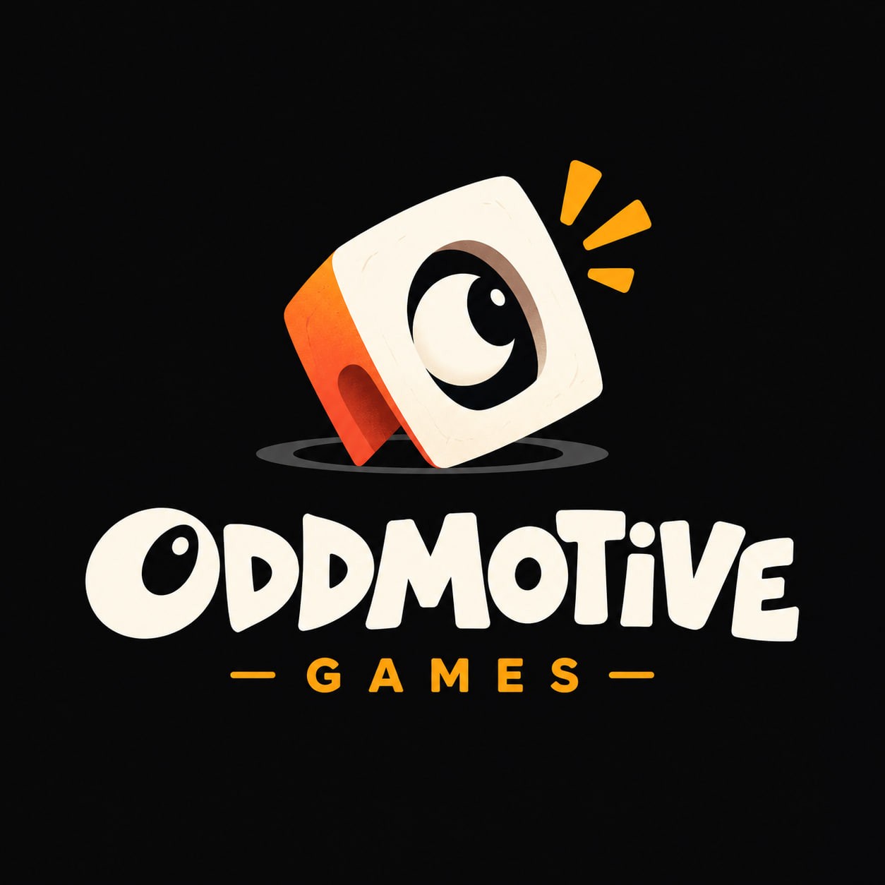 Oddmotive Games logo: a tilted cream cube with one wide-open eye, popping out of a hole
