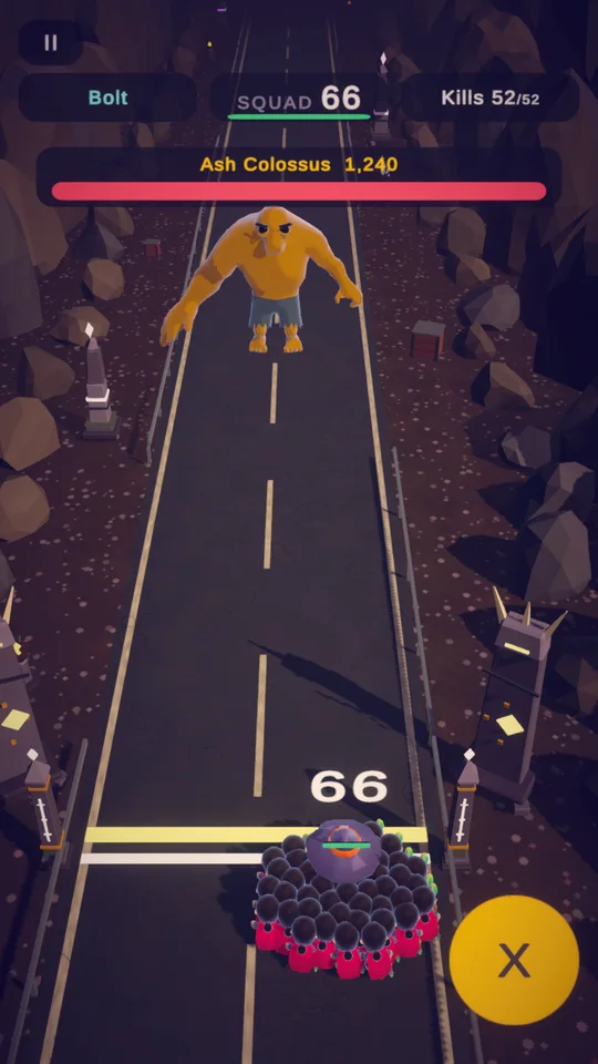Gameplay: a crowd of apprentice sorcerers faces a giant boss at the end of the road