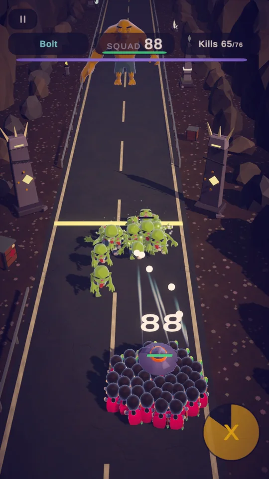 A squad of 88 apprentices fires bolts into the horde while the boss waits behind it